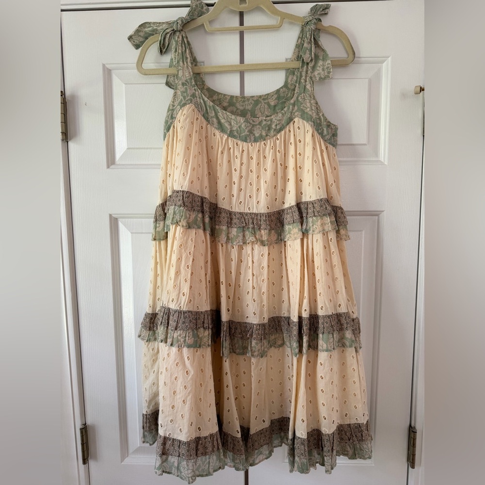 Anthropologie Cream and Green Eyelet Kids Dress